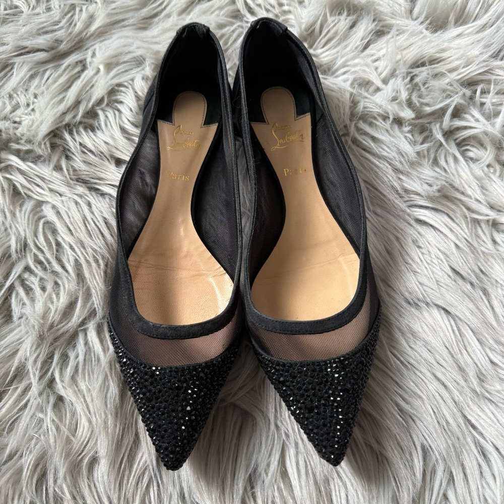 CHRISTIAN LOUBOUTIN Black Mesh Suede Galativi Strass Crystal Pointed-Toe Flats - Picture 2 of 9